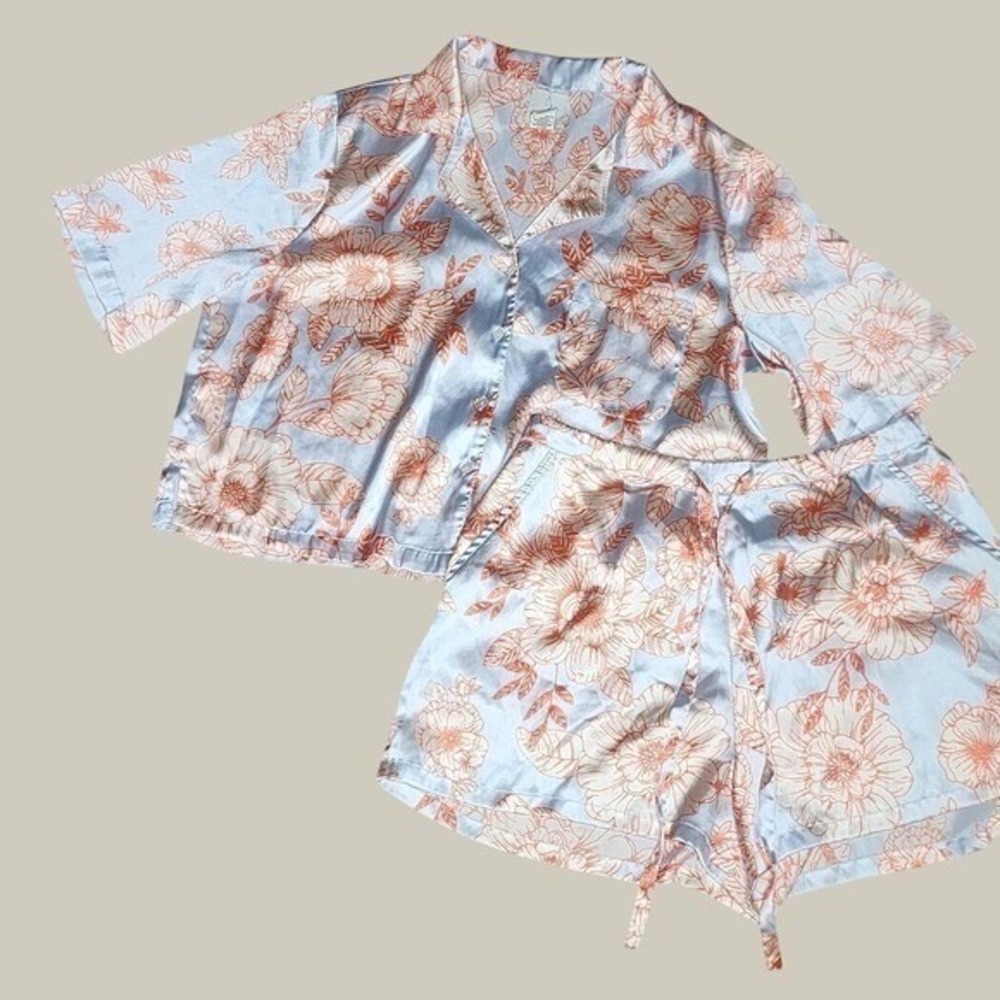 Joie Floral Two-Piece Satin Pajama Short Set Blue Coral Sleepwear Intimates M